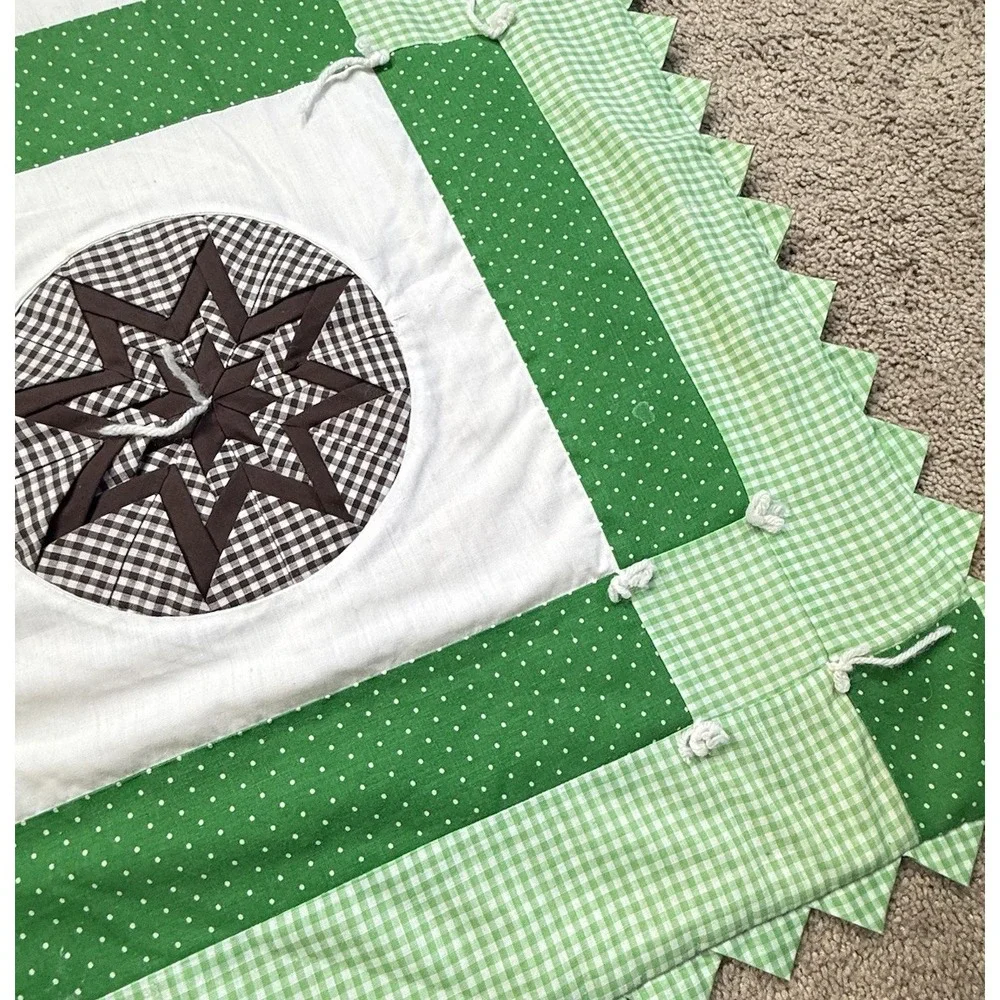 Vintage Handmade Patchwork Quilt Green Star Applique Tied Lap Throw Cottagecore